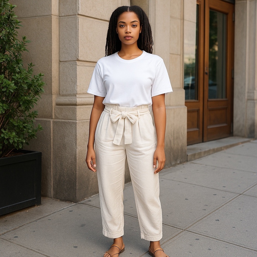 A New Day Womens‎ XL Pants Cream Gauzy Belt Tie Waist High Rise Trousers Baggy